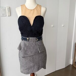 Three Floor Herringbone Peplum Pencil Skirt with Black Bodice and Nude Yoke